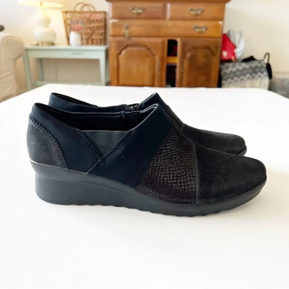 Clarks Cloudsteppers Black Fabric Wedges Women’s Size 8.5 Ortho Cushioned Comfy - Picture 2 of 10